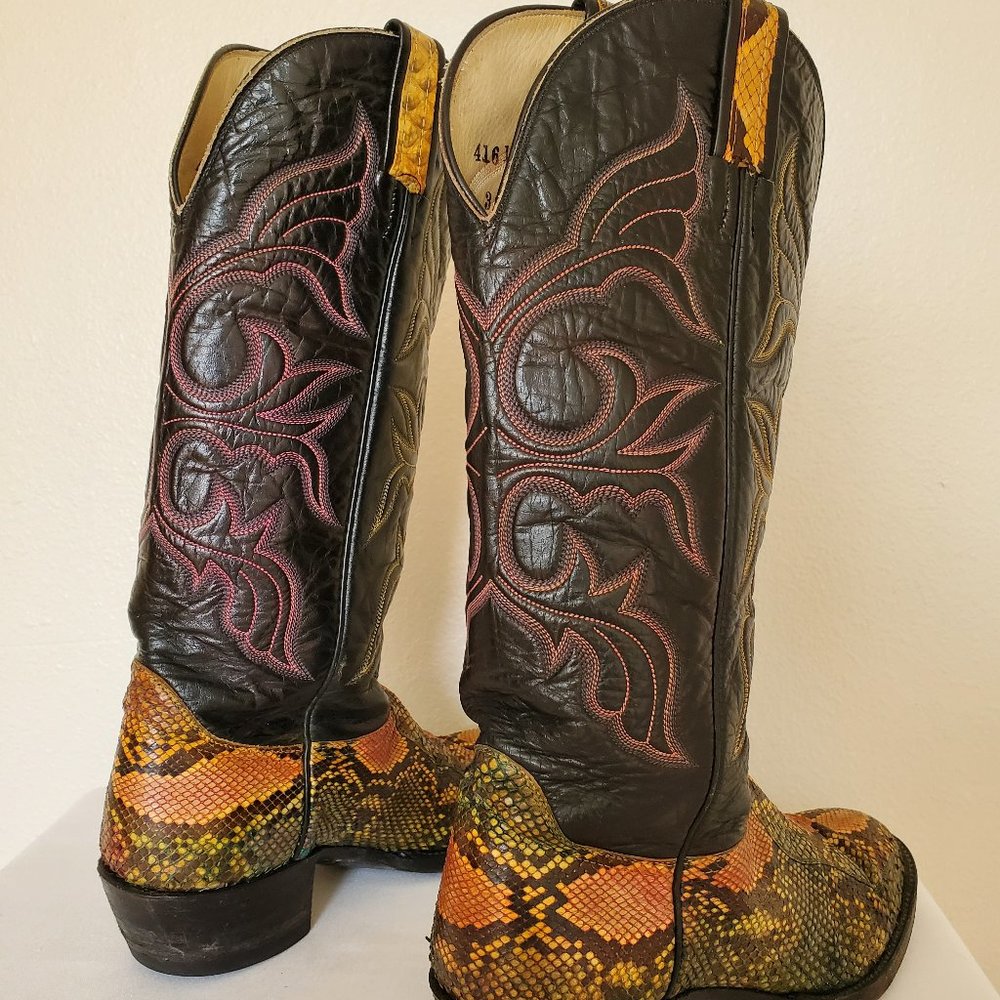 Anaconda 7 1/2 painted green yellow orange black western cowboy boots snakeskin - Picture 10 of 10